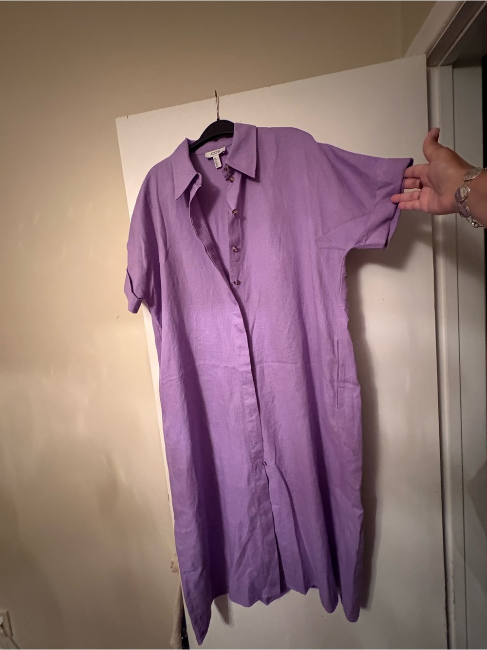 COS Lilac Purple Short-Sleeve Linen Shirt Dress with Pockets Size XS